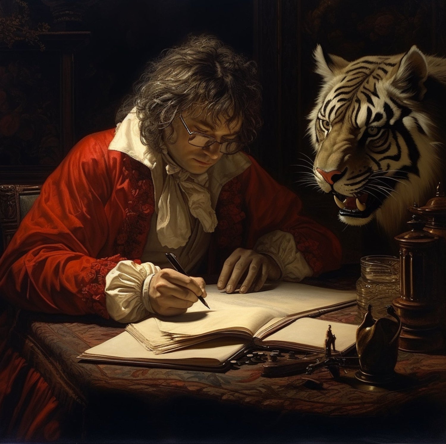 Man in red coat writing at a desk with a tiger's head on a table